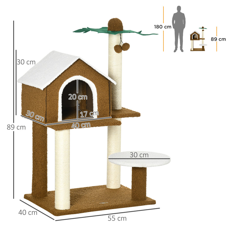 Árvore Arranhador para Gatos Altura 89cm Torre para Gatos com Casa de Pelúcia Plataforma Poste em Forma de Coqueiro de Sisal e Bolas Suspensas 55x40x89cm Marrom