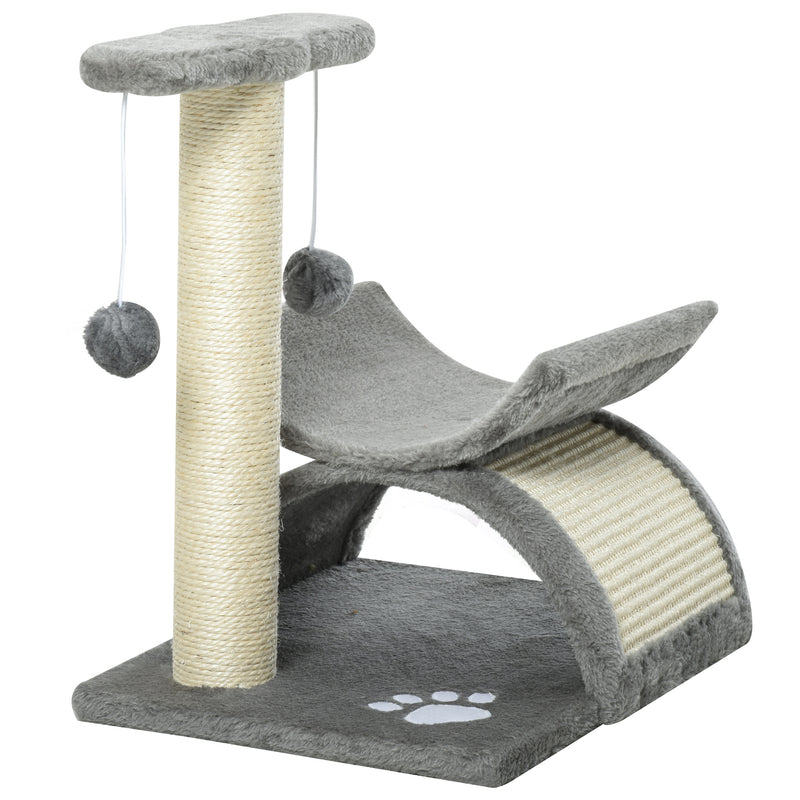 Árvore Arranhador para Gatos Pequena 43 cm Torre para Gatos com Poste Giratório Bolas Suspensas Plataforma Curva e Esconderijo 40x30x43 cm Cinza