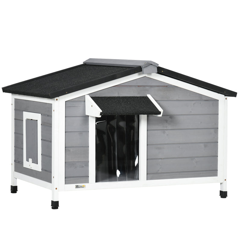 Casa para Cães de Madeira 97x72x65 cm Casa para Animais de Estimação com Teto Asfáltico 2 Janelas Porta com Cortina e Base Amovível Cinza