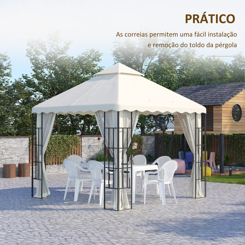 Toldo de Substituição para Pérgola 2,95x2,95 cm Cobertura de Substituição com Teto Duplo e 10 Orifícios de Drenagem Tecido de Poliéster para Pátio Jardim Creme