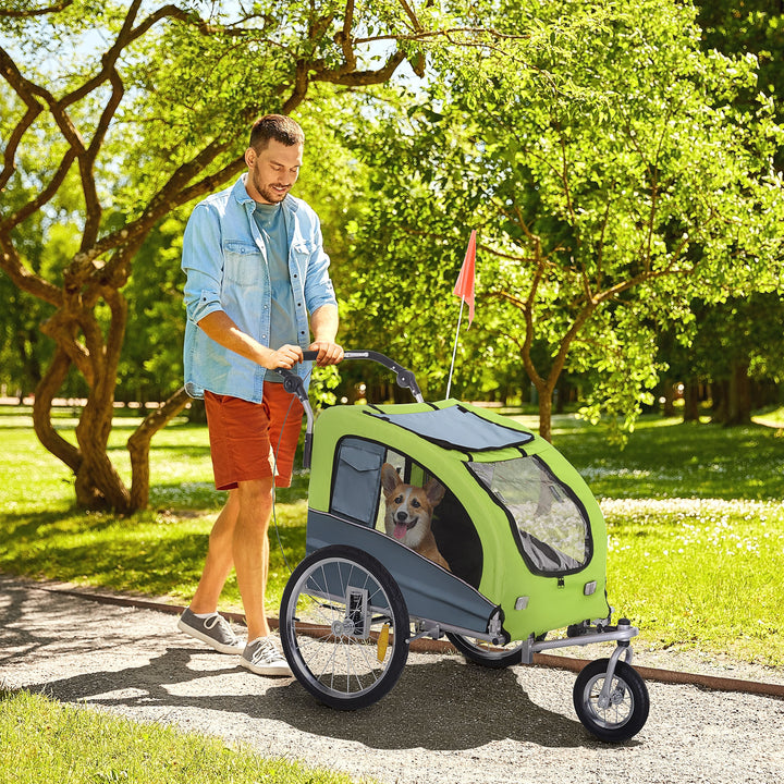 Reboque Bicicleta Cães Carrinho para Transporte Mascote 2 em 1 com Barra de Passeio Amortecedor Roda Giratória 360º Refletores Carga Máx. 30kg - 130x90x110cm