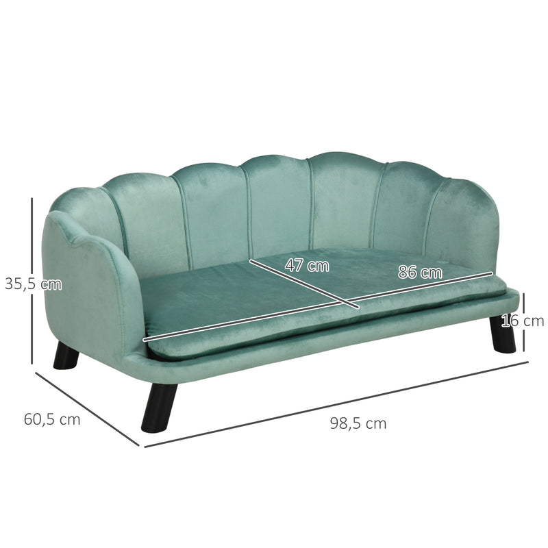 Sofá para Cães Médios Sofá Cama para Animais de Estimação Estofado em Veludo com Pés de Madeira Carga Máxima 25 kg 98,5x60,5x35,5 cm Verde