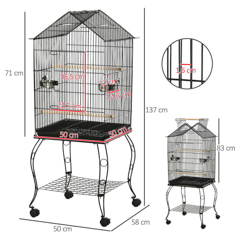 Gaiola para Pássaros com Suporte Rodas Bandeja Amovível 2 Comedouros e Prateleira Inferior de Metal para Canários Periquitos Tentilhões 50x58x145 cm Preto