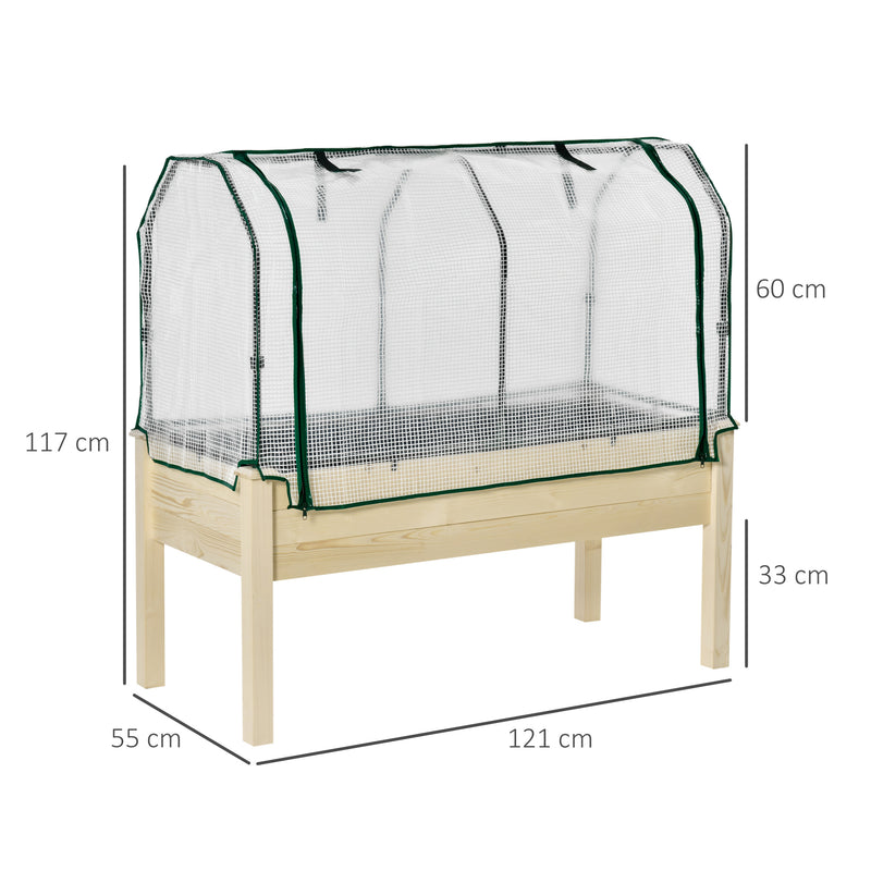 Horta Urbana Elevada de Madeira 121x55x117cm com Cobertura de Proteção Mesa de Jardinagem para Cultivo Flores Vegetais em Jardim Terraço Madeira Natural