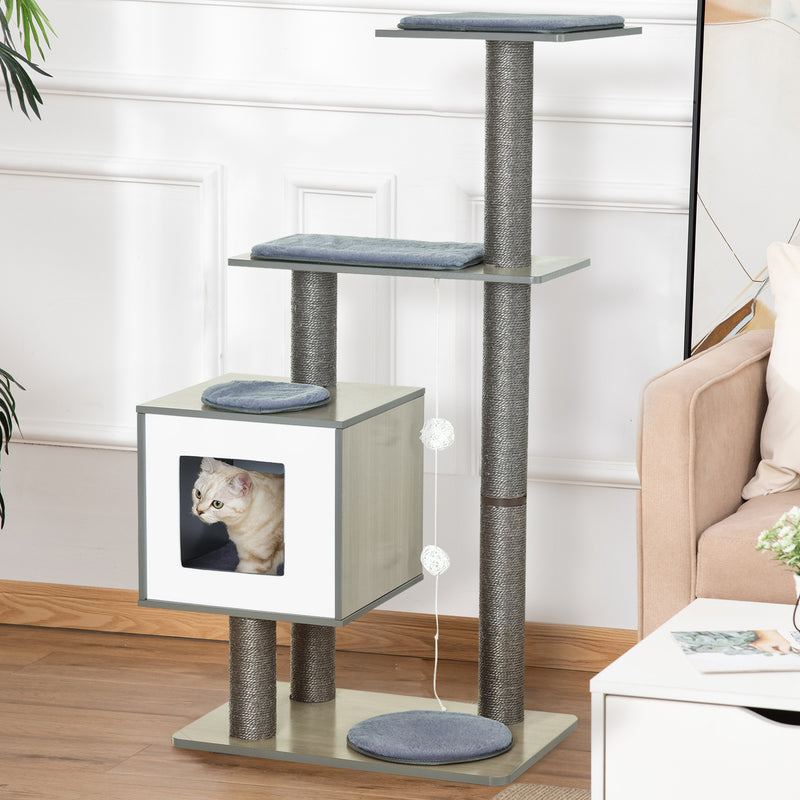 Árvore Arranhadora para Gatos de Madeira 71,5x49,5x120cm Torre para Gatos com Caverna Plataformas Postes Arranhadores de Sisal Almofadas de Pelúcia Suave e Bolas Suspensas Cinza