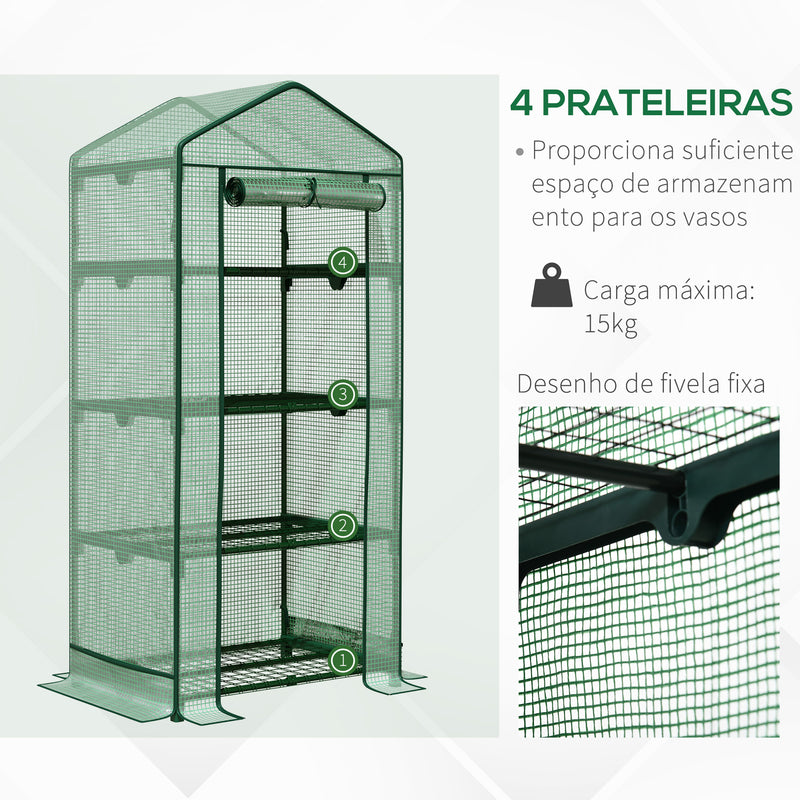 Estufa de Jardim com 4 Prateleiras de Grade e Porta Enroláveis Estufa para Vasos de Plantas Flores Jardim Exterior 69x49x158cm Verde