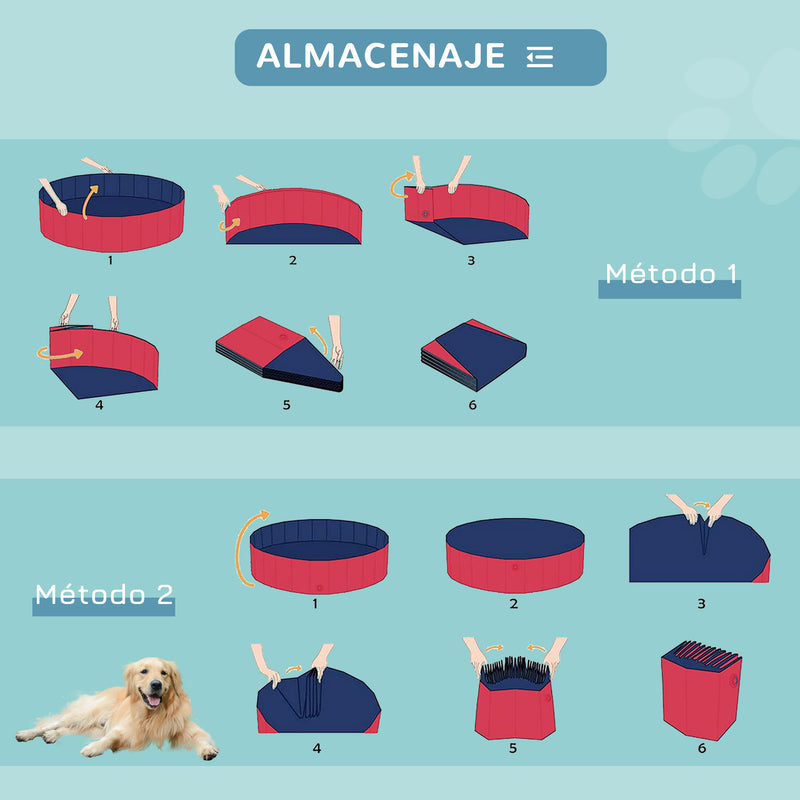 Piscina Dobrável para Cães Gatos Banheira Portátil para Animais de Estimação PVC Antideslizante Múltiplo Uso para Interior e Exterior Ø120x30 cm Vermelho