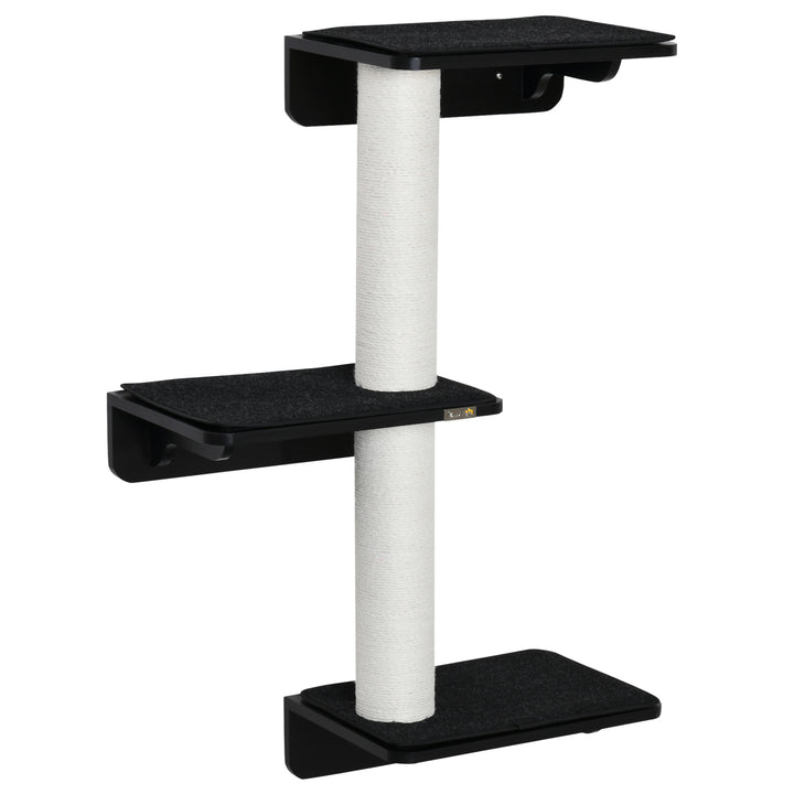 Árvore para Gatos de Parede com 3 Plataformas Almofada Removível e 2 Postes de Arranhar de Juta Torre para Escalar 63x28x93,5cm Preto e Bege