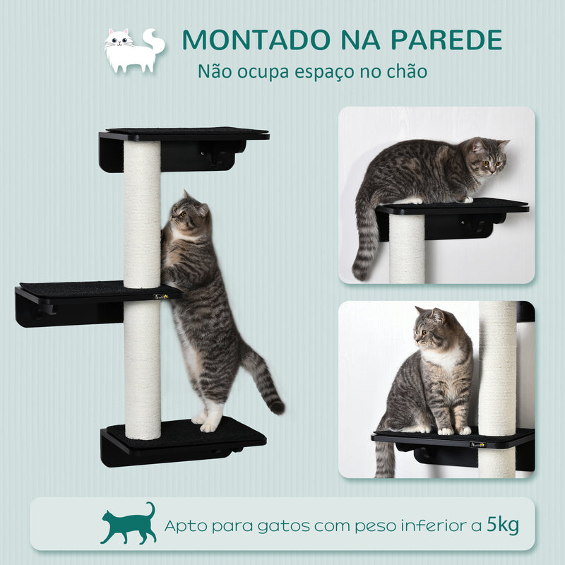 Árvore para Gatos de Parede com 3 Plataformas Almofada Removível e 2 Postes de Arranhar de Juta Torre para Escalar 63x28x93,5cm Preto e Bege