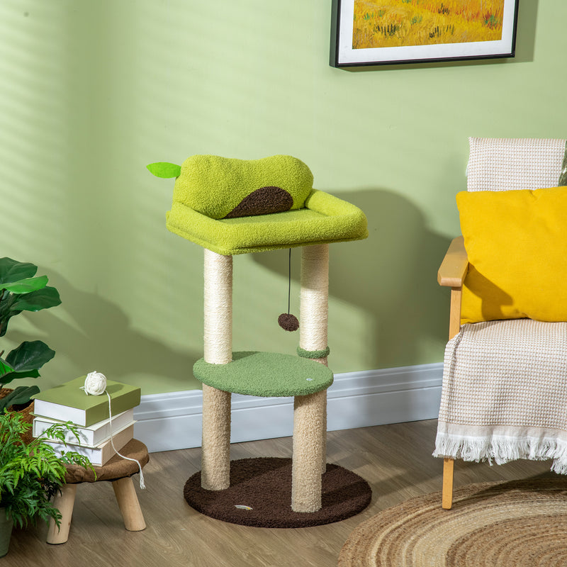 Árvore Arranhador para Gatos Altura 83cm Torre para Gato com Cama em Forma de Abacate Plataforma Postes de Sisal e Bola Suspensa Ø44x83cm Verde