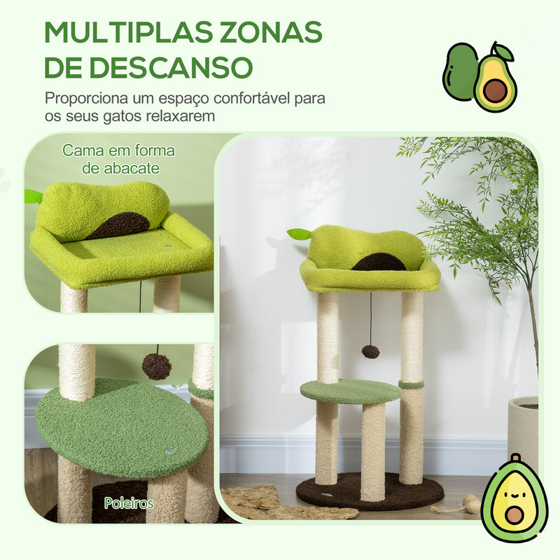 Árvore Arranhador para Gatos Altura 83cm Torre para Gato com Cama em Forma de Abacate Plataforma Postes de Sisal e Bola Suspensa Ø44x83cm Verde