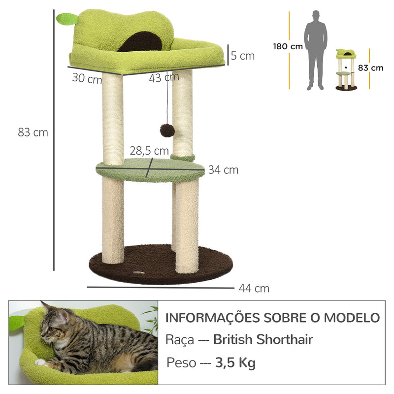 Árvore Arranhador para Gatos Altura 83cm Torre para Gato com Cama em Forma de Abacate Plataforma Postes de Sisal e Bola Suspensa Ø44x83cm Verde