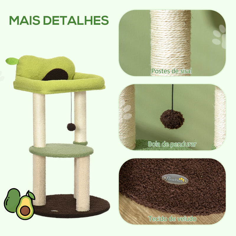 Árvore Arranhador para Gatos Altura 83cm Torre para Gato com Cama em Forma de Abacate Plataforma Postes de Sisal e Bola Suspensa Ø44x83cm Verde