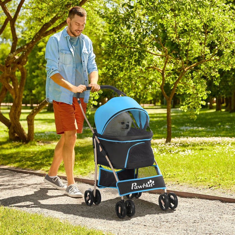 Carrinho para Animais de Estimação 3 em 1 Carrinho para Cães e Gatos Dobrável com Bolsa de Transporte Cesta de Armazenamento e Travão Tecido de Oxford 600D Carga Máxima 15kg 82x49,5x98cm Azul