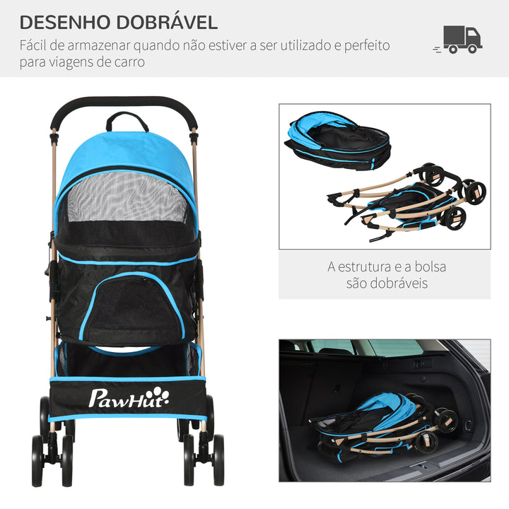 Carrinho para Animais de Estimação 3 em 1 Carrinho para Cães e Gatos Dobrável com Bolsa de Transporte Cesta de Armazenamento e Travão Tecido de Oxford 600D Carga Máxima 15kg 82x49,5x98cm Azul