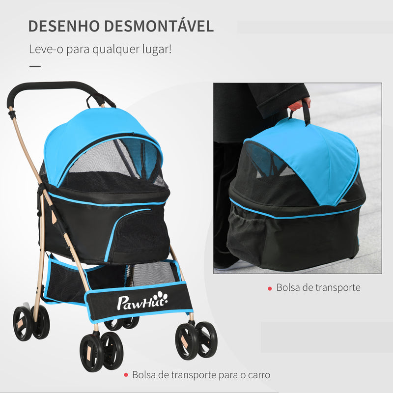 Carrinho para Animais de Estimação 3 em 1 Carrinho para Cães e Gatos Dobrável com Bolsa de Transporte Cesta de Armazenamento e Travão Tecido de Oxford 600D Carga Máxima 15kg 82x49,5x98cm Azul