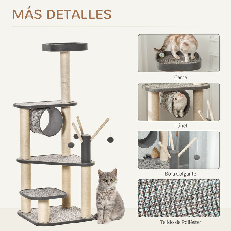 Árvore para Gatos Grande Torre de Escalar com Múltiplas Plataformas Cama Superior Túnel Postes de Arranhar de Sisal Natural e Brinquedos 49x49x130 cm Bege e Cinza