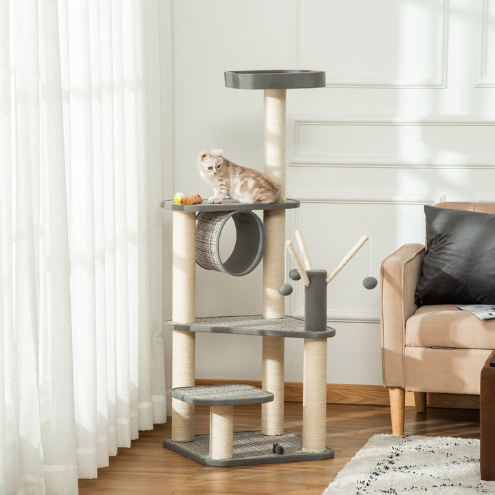 Árvore para Gatos Grande Torre de Escalar com Múltiplas Plataformas Cama Superior Túnel Postes de Arranhar de Sisal Natural e Brinquedos 49x49x130 cm Bege e Cinza