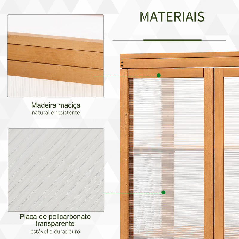 Estufa de Jardim Estufa de Madeira e Painéis de Policarbonato com 3 Prateleiras Tampa e Portas para Plantas e Cultivos 76x47x110cm Madeira Natural