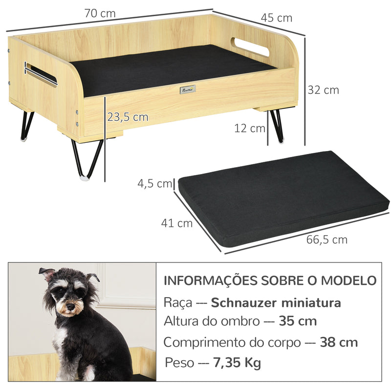 Sofá de Madeira para Cães Gatos Cama para Animais de Estimação Pequenos com Almofada Acolchoada Removível Alças e Pés Elevados de Aço 70x45x32cm Carvalho e Preto