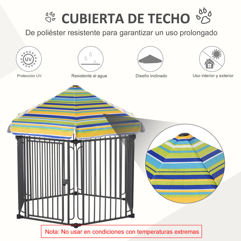 Parque para Animais de Estimação com 6 Barreiras de Metal 61x76cm Canil Desmontável para Cães com Teto Hexagonal e Porta com Fechadura de Segurança 122x105x119cm Preto e Colorido