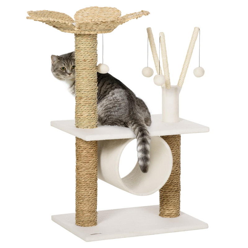 Árvore Arranhador para Gatos Médios Altura 91cm Torre para Gatos com Cama em Forma de Flor Plataformas Postes de Arranhar Túnel e Bolas Suspensas 56x40x91cm Branco e Bege