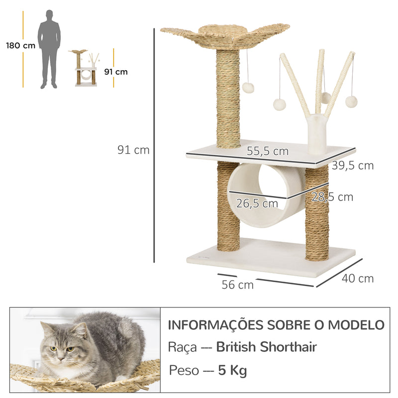 Árvore Arranhador para Gatos Médios Altura 91cm Torre para Gatos com Cama em Forma de Flor Plataformas Postes de Arranhar Túnel e Bolas Suspensas 56x40x91cm Branco e Bege