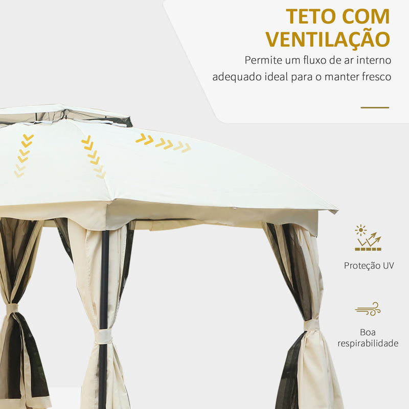 Pavilhão com Tecto Gazebo Pavilhão Exterior 3x3.65x2.75m Carpa de Jardim Marco de Ferro com Parede Lateral e Mosquiteira Cor Creme