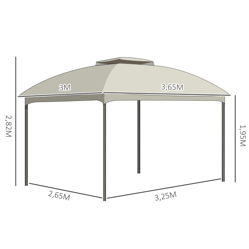 Pavilhão com Tecto Gazebo Pavilhão Exterior 3x3.65x2.75m Carpa de Jardim Marco de Ferro com Parede Lateral e Mosquiteira Cor Creme