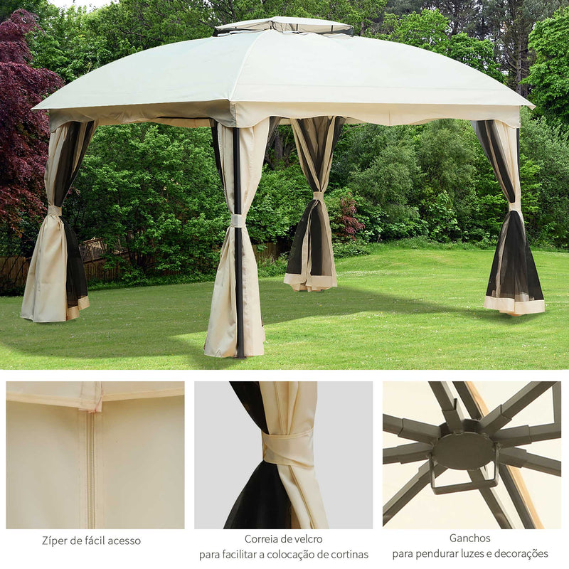 Pavilhão com Tecto Gazebo Pavilhão Exterior 3x3.65x2.75m Carpa de Jardim Marco de Ferro com Parede Lateral e Mosquiteira Cor Creme