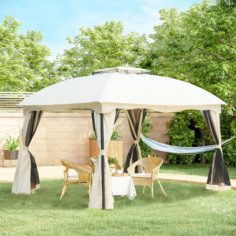 Pavilhão com Tecto Gazebo Pavilhão Exterior 3x3.65x2.75m Carpa de Jardim Marco de Ferro com Parede Lateral e Mosquiteira Cor Creme