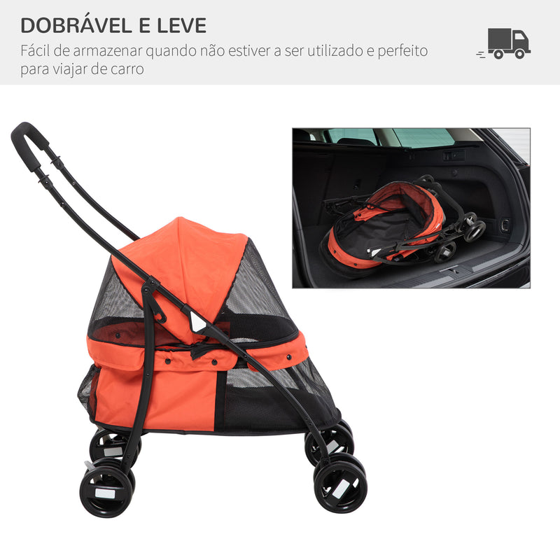 Carrinho para Animais de Estimação Dobrável Carrinho de Passeio para Cães e Gatos com Janela de Malha Almofada Lavável Arnês de Segurança e Estrutura de Aço 82x47x97cm Vermelho