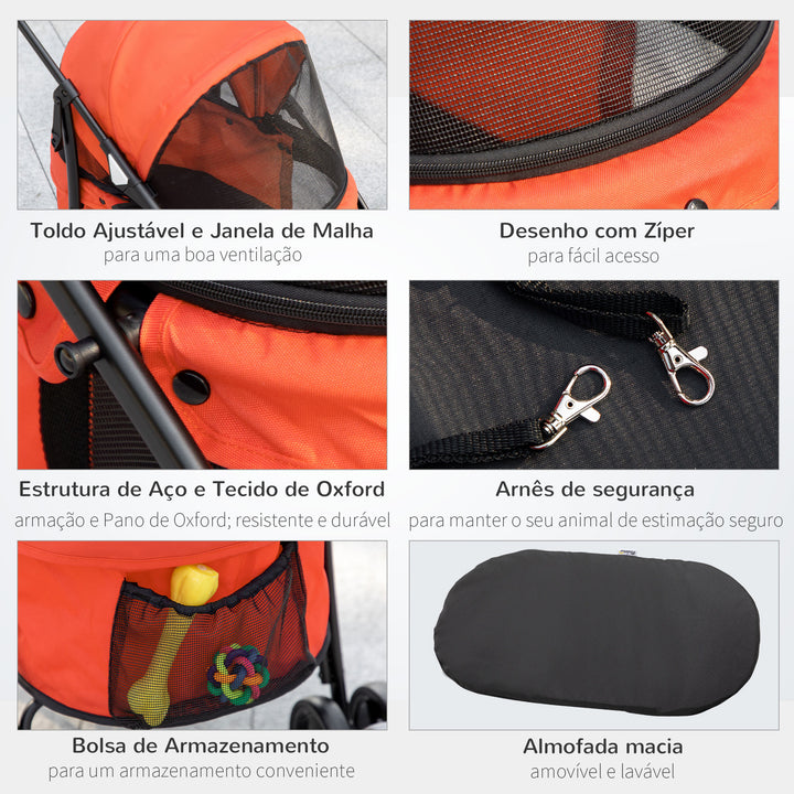 Carrinho para Animais de Estimação Dobrável Carrinho de Passeio para Cães e Gatos com Janela de Malha Almofada Lavável Arnês de Segurança e Estrutura de Aço 82x47x97cm Vermelho