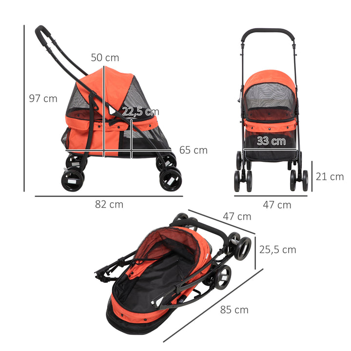 Carrinho para Animais de Estimação Dobrável Carrinho de Passeio para Cães e Gatos com Janela de Malha Almofada Lavável Arnês de Segurança e Estrutura de Aço 82x47x97cm Vermelho