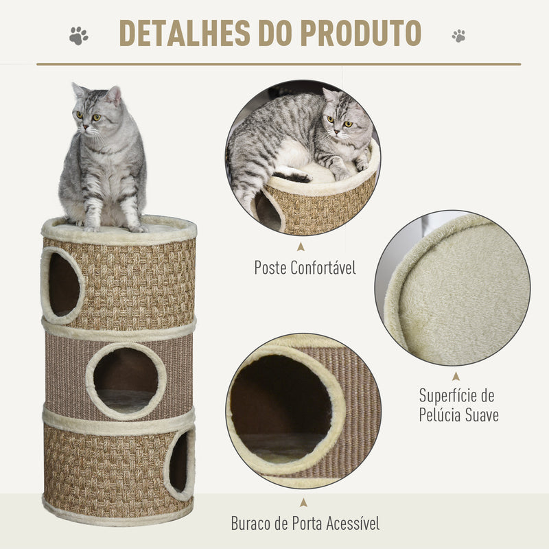 Barril de arranhar para gatos com 3 níveis com plataforma cama confortável e espigões de 37,5x37,5x70 cm Marrom claro e bege