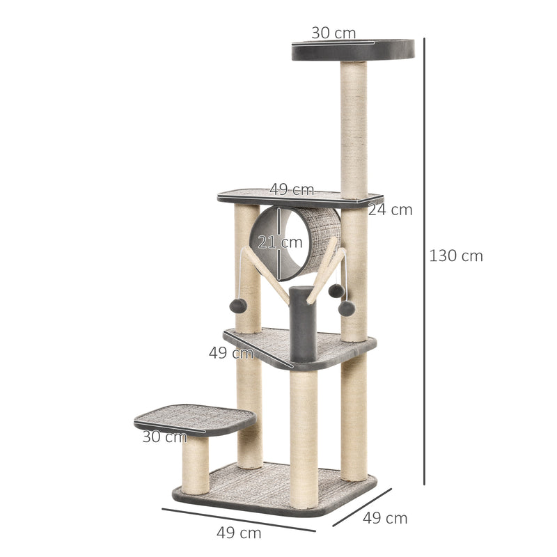 Árvore para Gatos Grande Torre de Escalar com Múltiplas Plataformas Cama Superior Túnel Postes de Arranhar de Sisal Natural e Brinquedos 49x49x130 cm Bege e Cinza