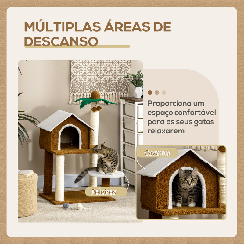 Árvore Arranhador para Gatos Altura 89cm Torre para Gatos com Casa de Pelúcia Plataforma Poste em Forma de Coqueiro de Sisal e Bolas Suspensas 55x40x89cm Marrom