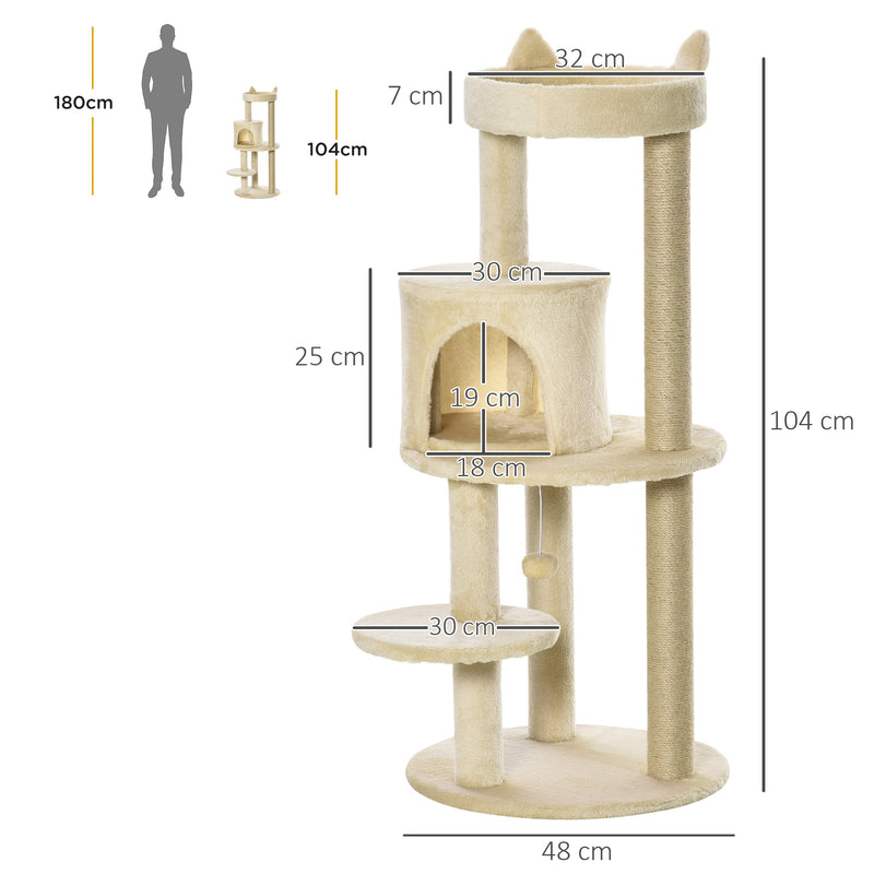 Árvore Arranhador para Gatos de 104 cm Arranhador para Gatos com Plataforma Caverna Postes de Sisal e Bola Suspensa 48x48x104 cm Bege