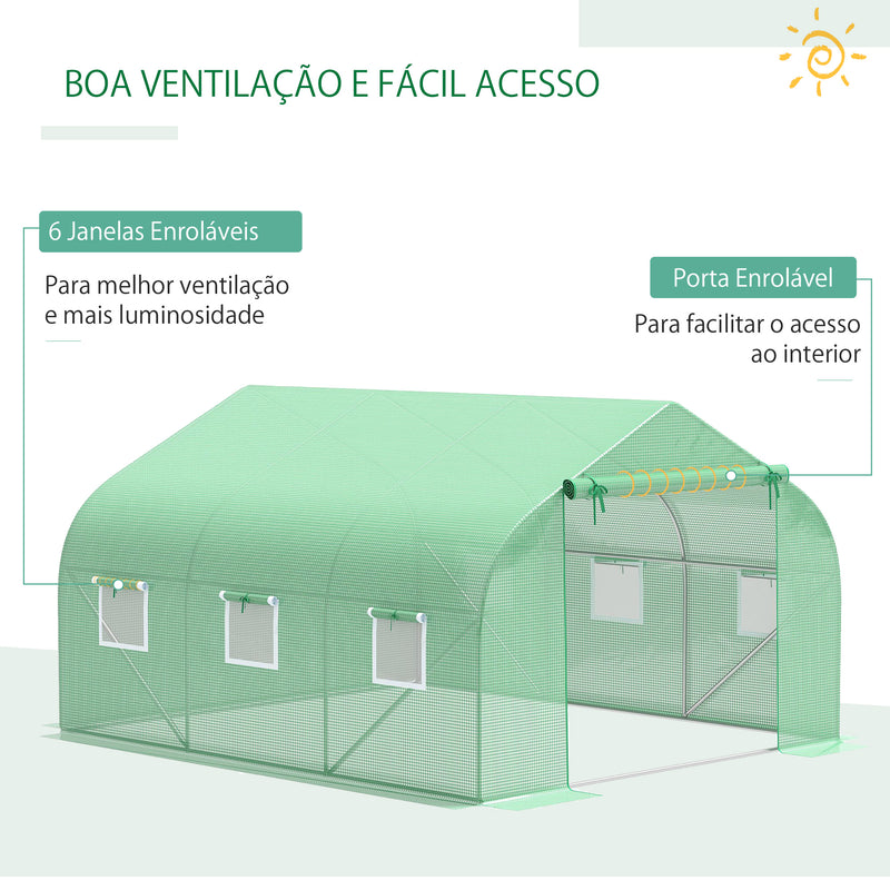 Cobertura de Estufa de Túnel 3,5x3x2m Cobertura de Substituição de Estufa Polietileno com 6 Janelas e Portas Enroláveis Proteção de Plantas para Jardim Verde