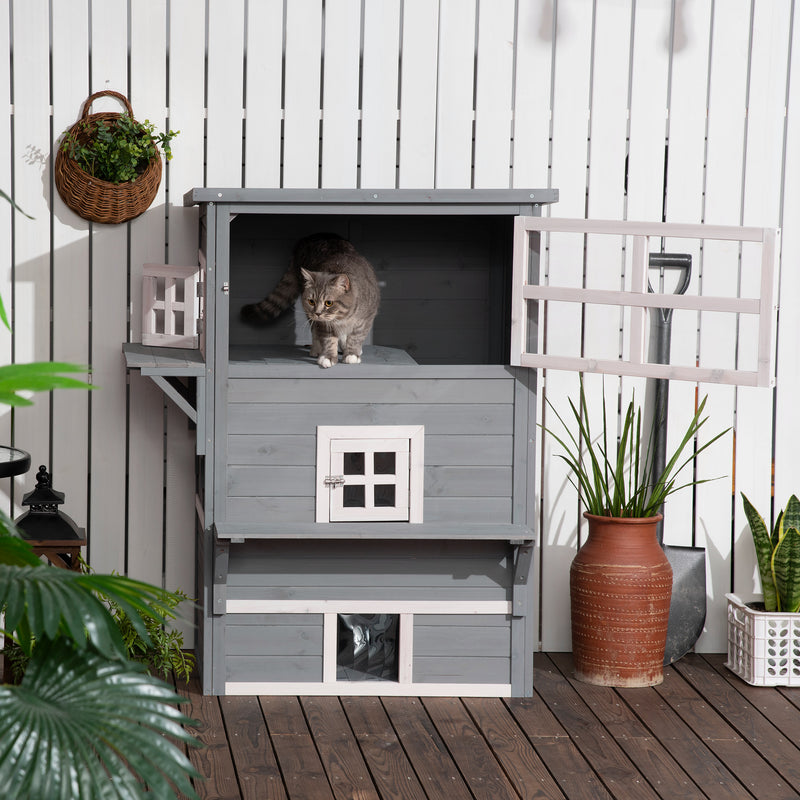 Casa para Gatos de Madeira Exterior Casa Grande para Gatos de 3 Andares com Múltiplas Entradas Janelas e 2 Plataformas para Terraço Balcão Jardim 98x68,5x122cm Cinza