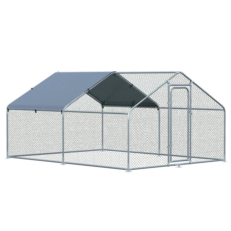 Galinheiro de Exterior Grande de Metal Galvanizado 3x4x1,95 m Gaiola para Galinhas Coelhos com Porta e Cobertura de Tecido de Oxford Resistente aos Raios UV Prata