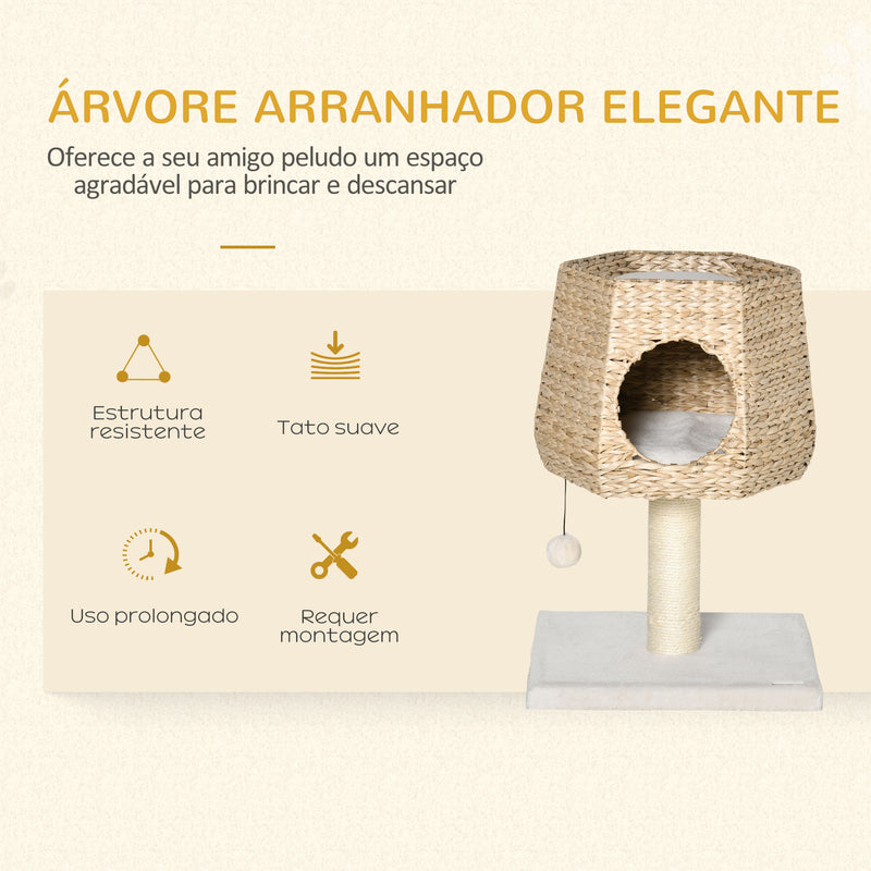 Árvore Arranhador para Gatos Pequena Altura 66cm Torre de Escalada para Gatos com Caverna de Junco Cama Superior Almofadas Poste Arranhador de Sisal e Bola Suspensa Creme e Natural