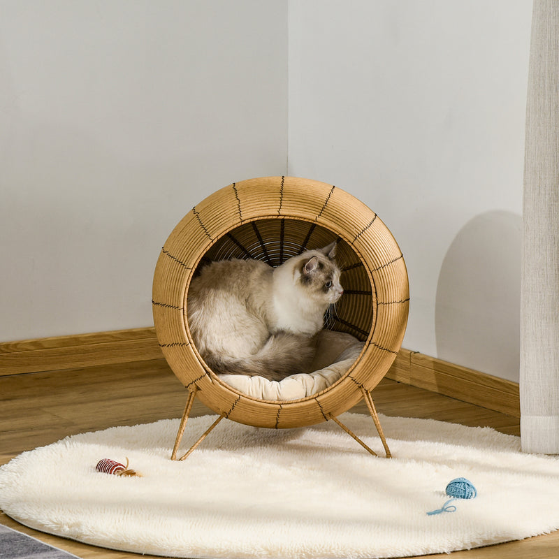 Cama de Vime para Gatos Caverna de Vime para Gatos Pequenos com Almofada Acolchoada Suave e Base Tripé Desenho Elevado Ø52x58cm Marrom Claro