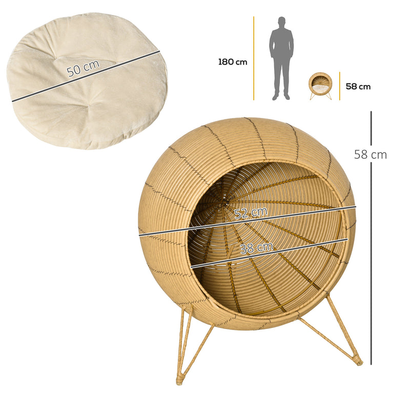 Cama de Vime para Gatos Caverna de Vime para Gatos Pequenos com Almofada Acolchoada Suave e Base Tripé Desenho Elevado Ø52x58cm Marrom Claro