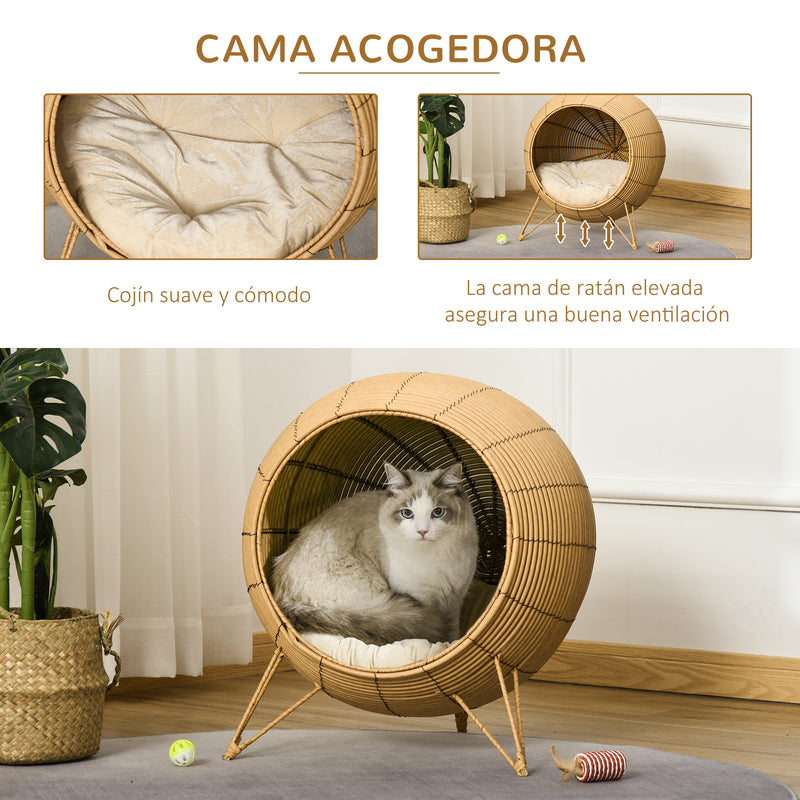 Cama de Vime para Gatos Caverna de Vime para Gatos Pequenos com Almofada Acolchoada Suave e Base Tripé Desenho Elevado Ø52x58cm Marrom Claro