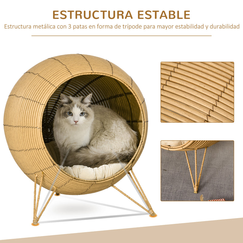 Cama de Vime para Gatos Caverna de Vime para Gatos Pequenos com Almofada Acolchoada Suave e Base Tripé Desenho Elevado Ø52x58cm Marrom Claro