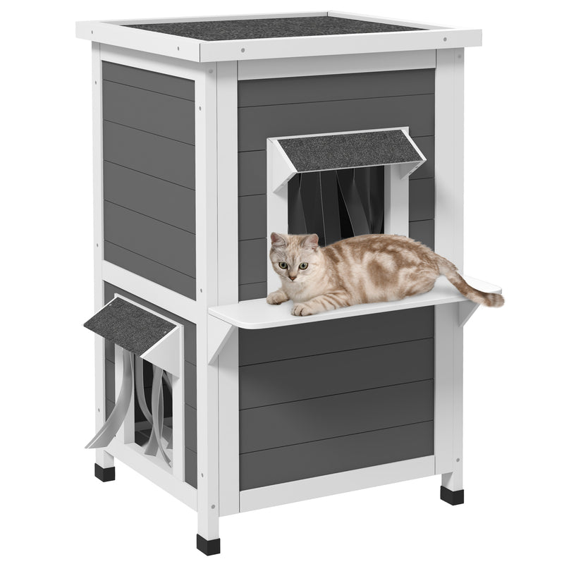 Casa para Gatos de Madeira 60x60x81,5 cm Casa para Gatos Refugio para Gatos de 2 Níveis com Cortina e Portas com Beirais Impermeáveis e Varanda Cinza e Branco