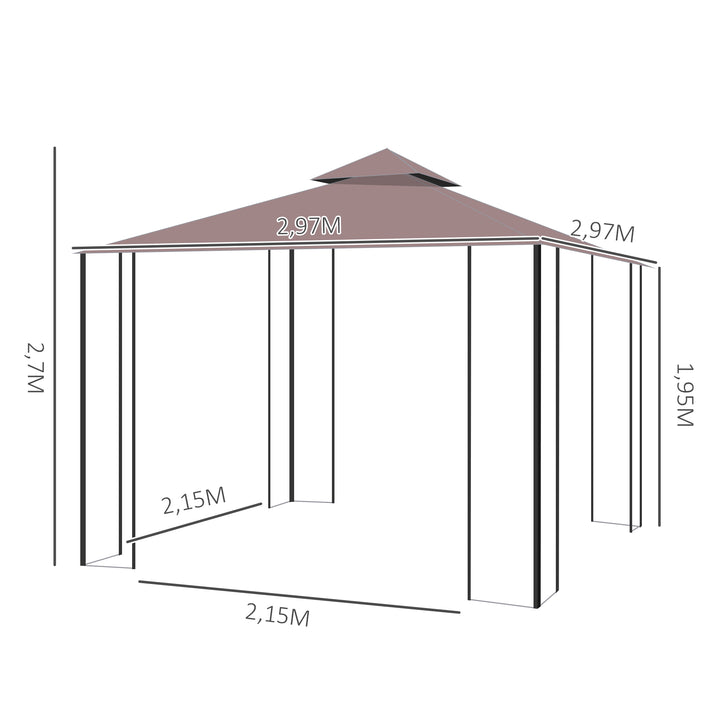 Pérgola de Jardim 3x3m Pérgola para Exterior com Duplo Teto de Ventilação 4 Telas Mosquiteiras Laterais Removíveis e Estrutura de Aço com Proteção Solar para Festas Eventos Café