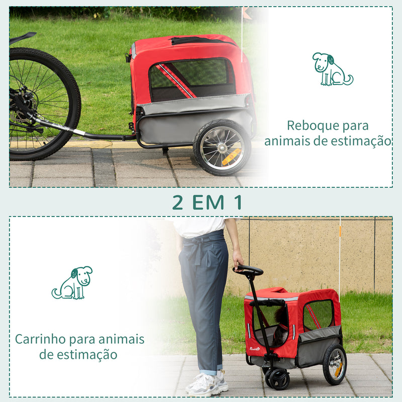 Reboque de Bicicleta para Cães 2 em 1 Carrinho para Animais de Estimação com Cinto de Segurança Guiador de Empurre Removível Bandeira e Refletores Carga Máxima 10kg 129x55,5x92cm Vermelho