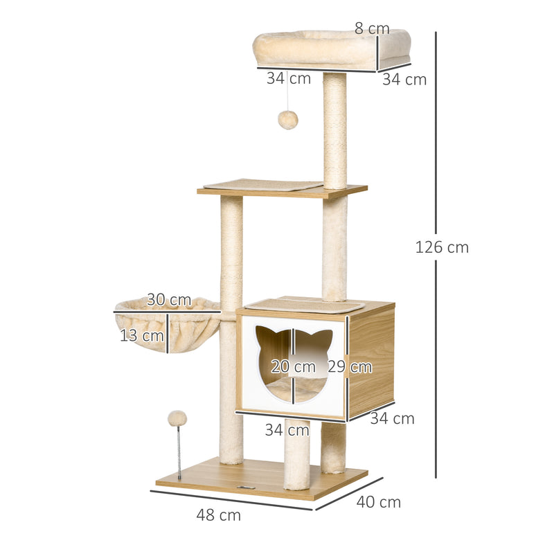 Árvore Arranhador para Gatos com Plataforma Altura 126 cm Torre de Escalar para Gatos com Rede Caverna Cama Postes de Sisal e Bolas de Brincar 48x40x126 cm Bege